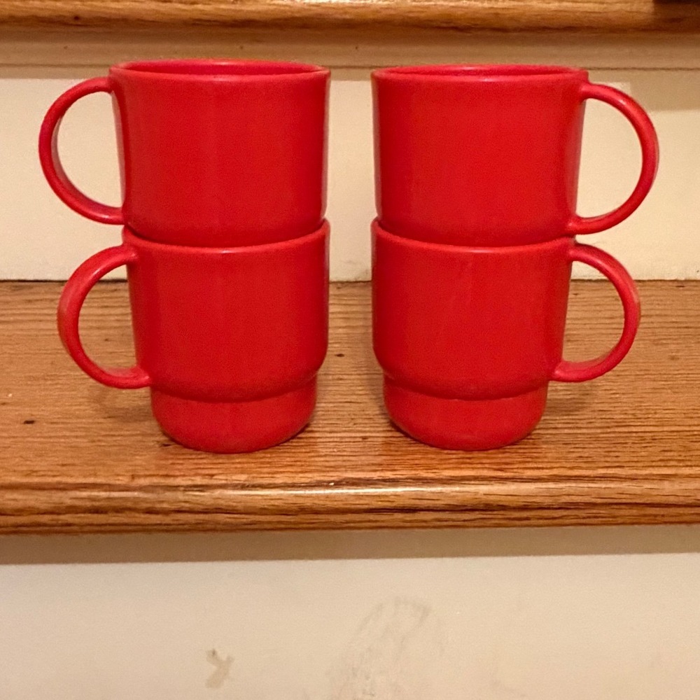 Vintage Tupperware Red Stacking Mugs Set of 4 Plastic Cups Made in USA Retro